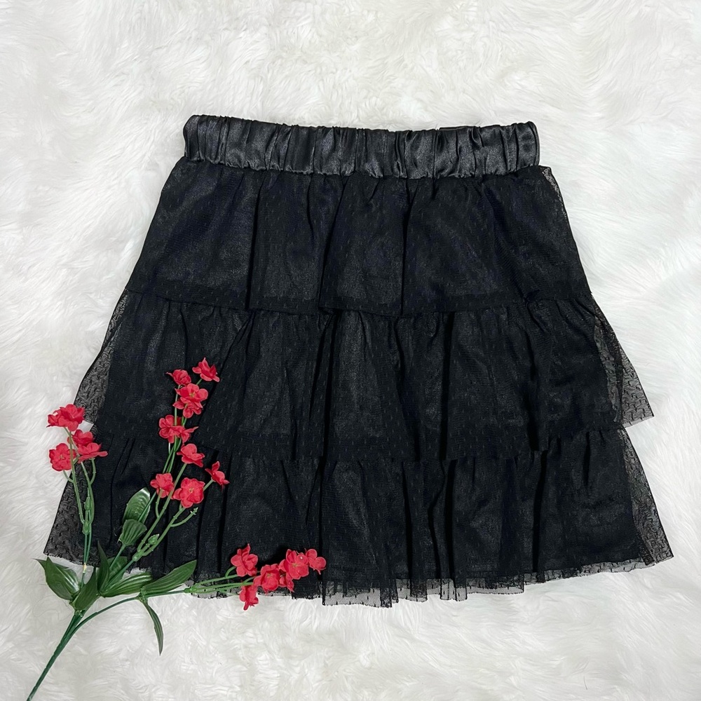 Pink Adobe Black Polka Dot Mesh Layered Skirt